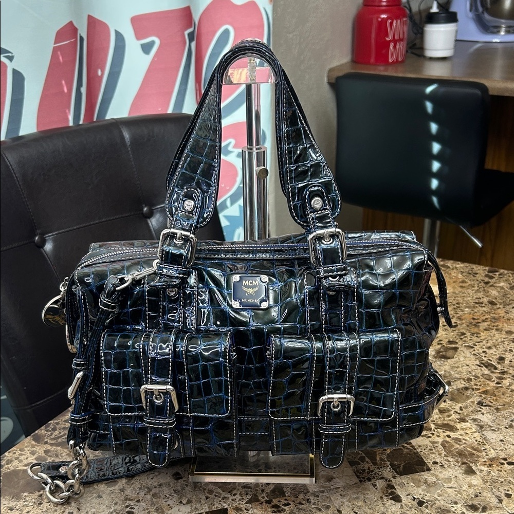 MCM Midnight Blue Crocodile Embossed Satchel